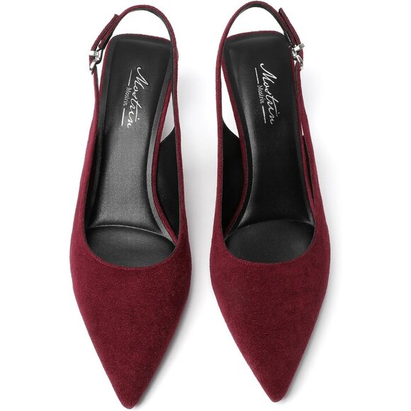 Mostrin Kitten Heels Burgundy Suede Low Slingback Heels with Buckle Dress Shoes - Picture 3 of 9